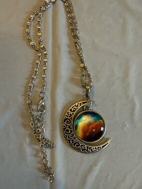 Silver Crescent Moon Pendant Necklace with Multicolor Glass Cabochon